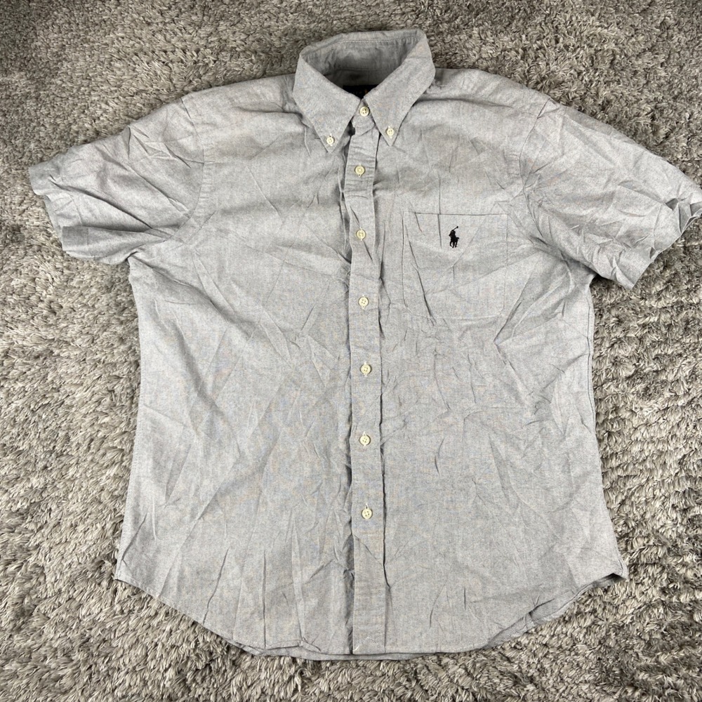 Ralph Lauren Shirt Mens M Grey Oxford Short Sleeve Button Down Pony Logo Preppy
